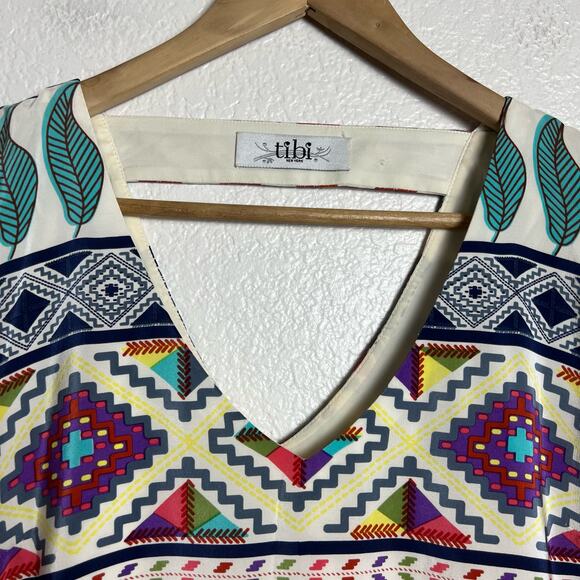 Tibi Aztec Mixed Print 10% Silk Sleeveless V-Neck Mini Shift Dress Size 6 - Picture 10 of 10